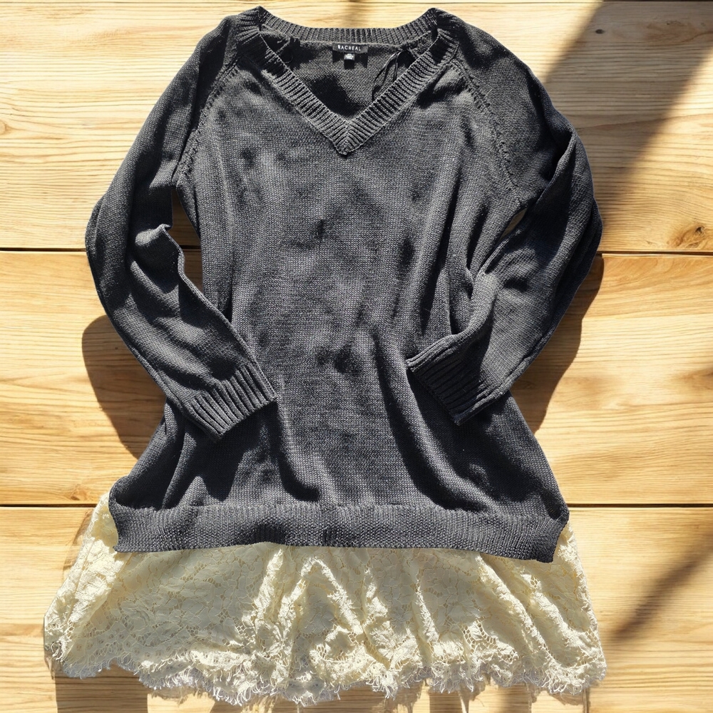 RACHEAL Charcoal Knit Lace Hem Sweater Mori Kei Whimsigoth M/L